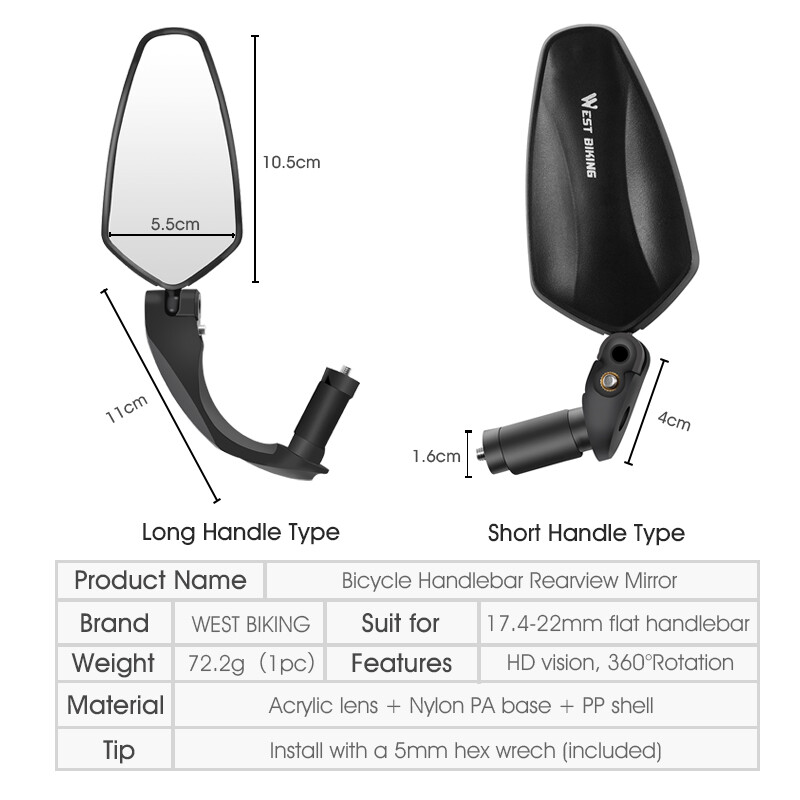 WEST BIKING Retrovizor za bicikle Biciklistički široki HD reflektori na upravljaču Ogledalo duga i kratka ručka za dodatke za MTB bicikle