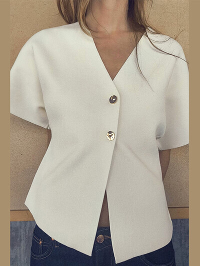 Eleganta, balta trikotāžas jaciņa sieviešu augšdaļa ar īsām piedurknēm ar V veida kakla izgriezumu, pogas, veste, veste 2024. gada vasaras rudens modes, vispiemērotākā trikotāža