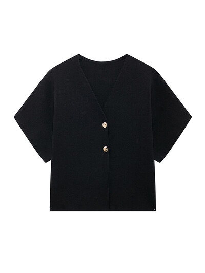 Eleganta, balta trikotāžas jaciņa sieviešu augšdaļa ar īsām piedurknēm ar V veida kakla izgriezumu, pogas, veste, veste 2024. gada vasaras rudens modes, vispiemērotākā trikotāža