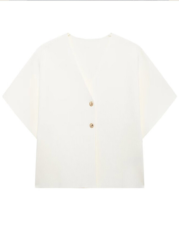 Eleganta, balta trikotāžas jaciņa sieviešu augšdaļa ar īsām piedurknēm ar V veida kakla izgriezumu, pogas, veste, veste 2024. gada vasaras rudens modes, vispiemērotākā trikotāža