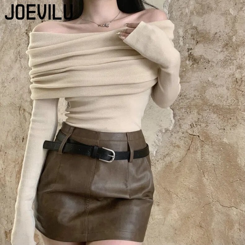 Pleteni džemper s otvorenim ramenima, korejski modni dizajn, ženski šik pulover s dugim rukavima, ženska proljetna seksi uska majica s donjim dijelom