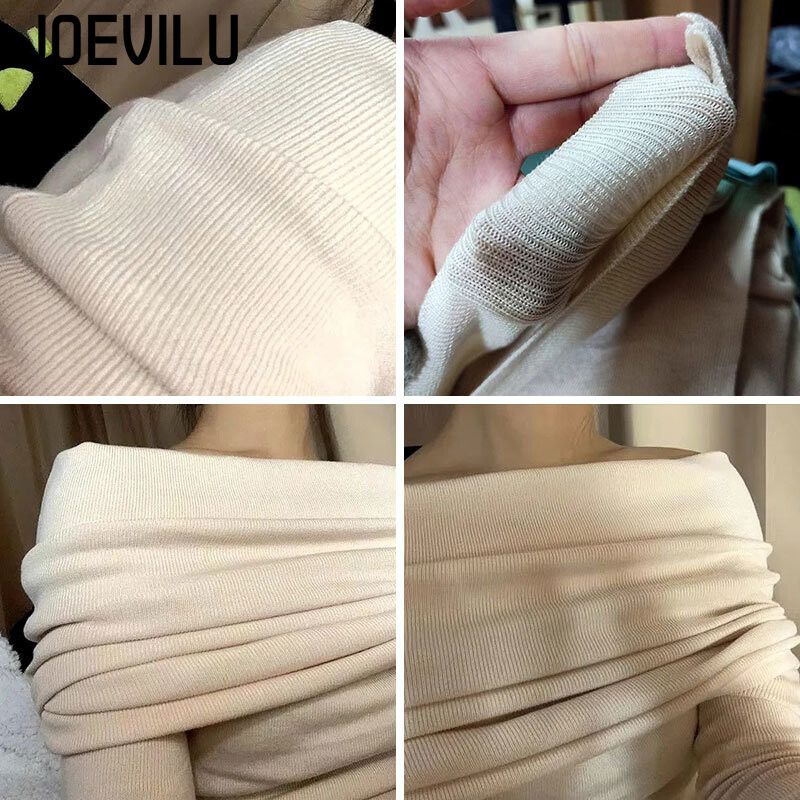 Pleteni džemper s otvorenim ramenima, korejski modni dizajn, ženski šik pulover s dugim rukavima, ženska proljetna seksi uska majica s donjim dijelom