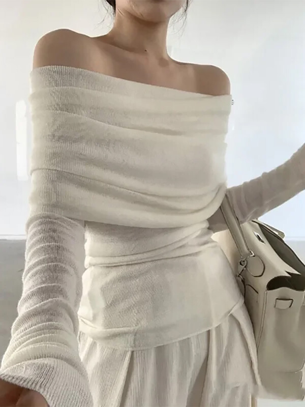 Sieviešu trikotāža ar garām piedurknēm, cieta no pleciem, rudens plāni džemperi, džemperis ar slīpu kakla izgriezumu sievietēm, eleganti biroja topi 2023. g.