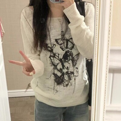 Deeptown Harajuku Y2K Tricoturi pentru femei Tricou din tricot vintage Pulovere grafice transparente Gotic Coreea Moda cu mânecă lungă de primăvară