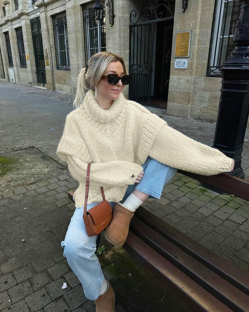 Jednobojna pletena dolčevina s dvostrukim lanternastim rukavima Ženski pulover Debeli topli preveliki široki džemper 2023. Jesen Zima Pletena odjeća