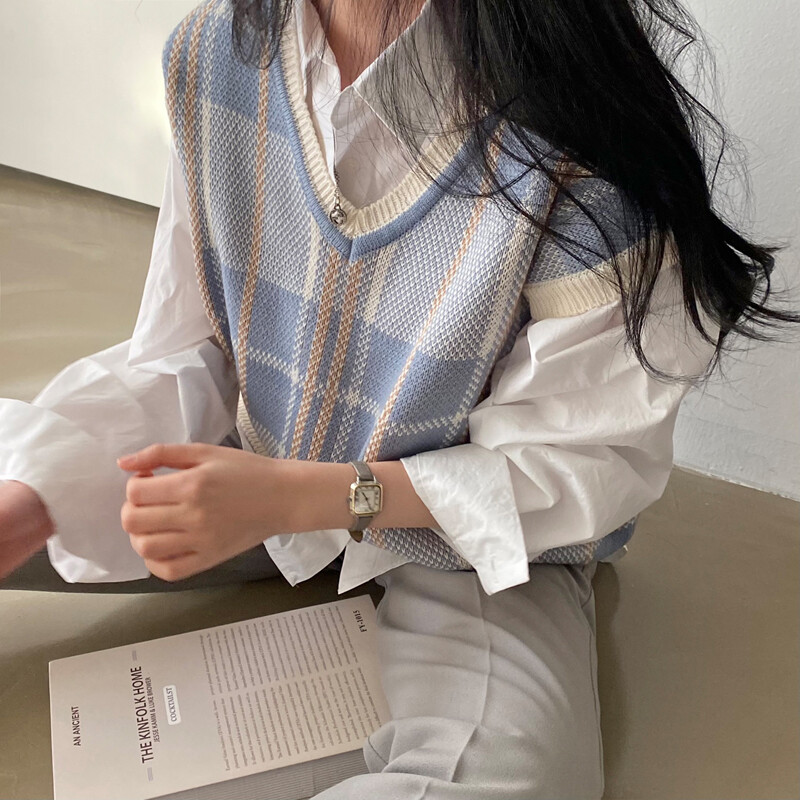 Vintage karirani pulover s V-izrezom Ženska jesen zima Vintage pleteni džemperi Pulover Široke korejske pletene majice Pull Femme 23875