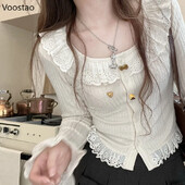 Jesen Kawaii Lolita pleteni kardigan Ženski japanski slatki čipkani pulover Kaput Ženski ležerni korejski šik Tanki, elegantni gornji dio od pletiva