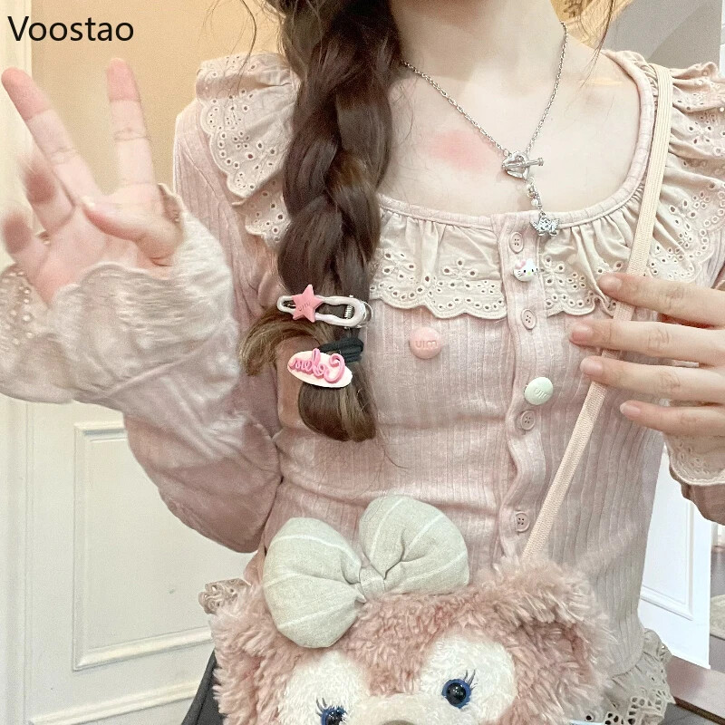 Jesen Kawaii Lolita pleteni kardigan Ženski japanski slatki čipkani pulover Kaput Ženski ležerni korejski šik Tanki, elegantni gornji dio od pletiva