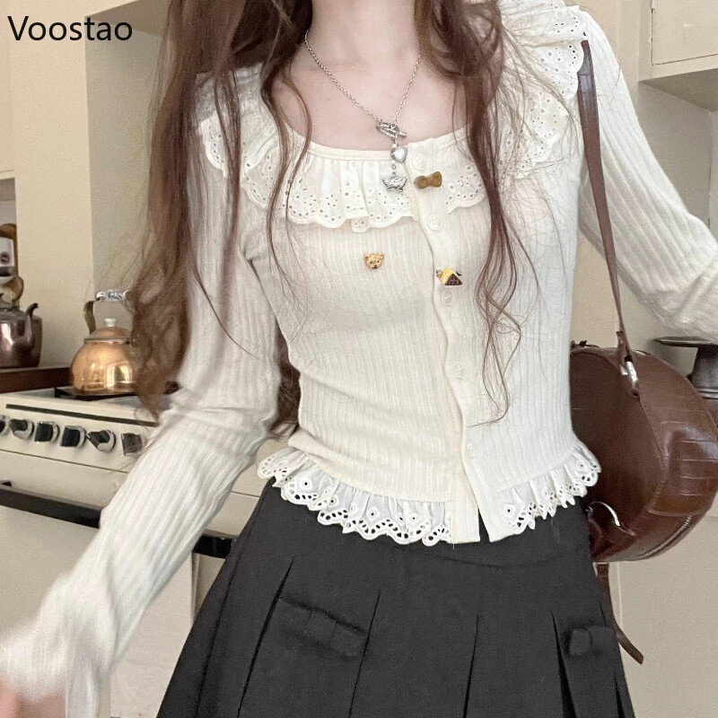 Jesen Kawaii Lolita pleteni kardigan Ženski japanski slatki čipkani pulover Kaput Ženski ležerni korejski šik Tanki, elegantni gornji dio od pletiva