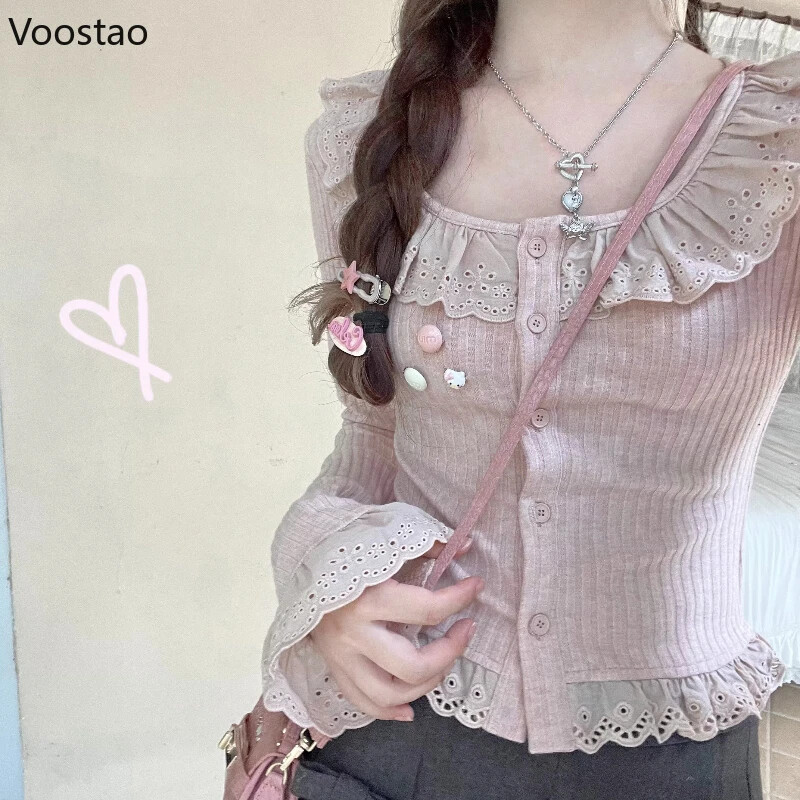 Jesen Kawaii Lolita pleteni kardigan Ženski japanski slatki čipkani pulover Kaput Ženski ležerni korejski šik Tanki, elegantni gornji dio od pletiva