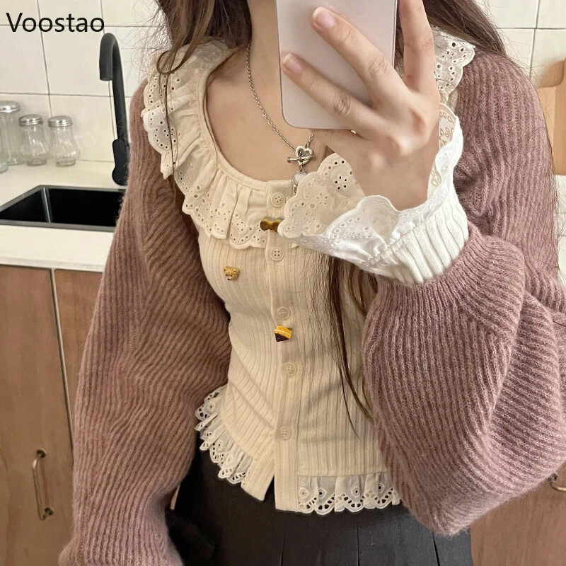 Jesen Kawaii Lolita pleteni kardigan Ženski japanski slatki čipkani pulover Kaput Ženski ležerni korejski šik Tanki, elegantni gornji dio od pletiva