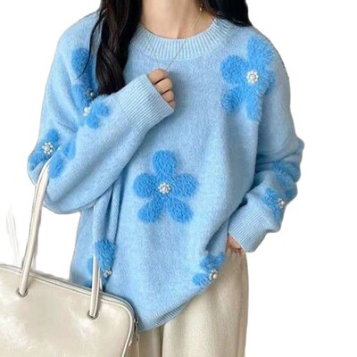 Sieviešu ziemas džemperis un džemperi ar garām piedurknēm, lielizmēra šiki, puķaini trikotāžas džemperi, rozā trikotāža Korejiešu ielas apģērba džemperi