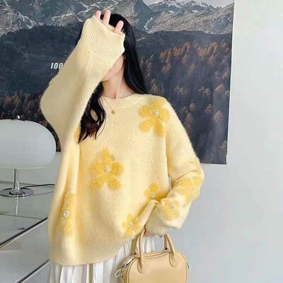 Sieviešu ziemas džemperis un džemperi ar garām piedurknēm, lielizmēra šiki, puķaini trikotāžas džemperi, rozā trikotāža Korejiešu ielas apģērba džemperi