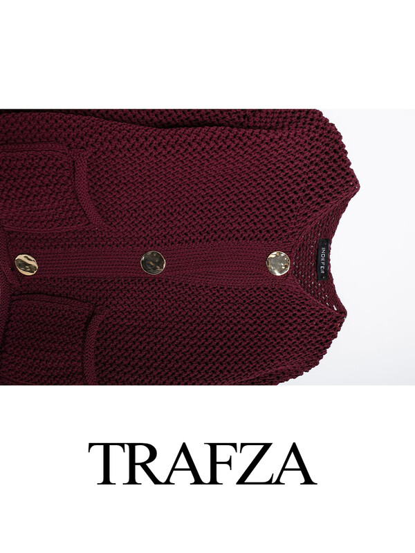 TRAFZA naiste õõnsad kootud kardiganid 2024 Naiste pikkade varrukatega metallnööbid Lühikesed kampsunid Crop Top kudumid ülerõivad