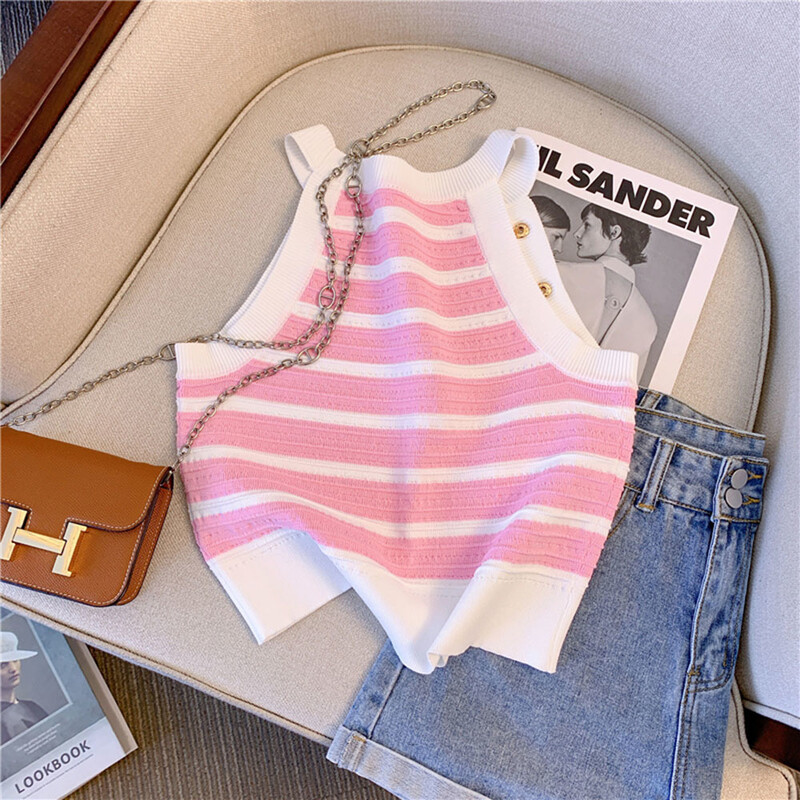 Ljeto 2023. Uski prugasti pleteni prsluci Ženske kratke majice bez rukava Zlatni gumbi Pletena odjeća Seksi elegantni ulični prsluci