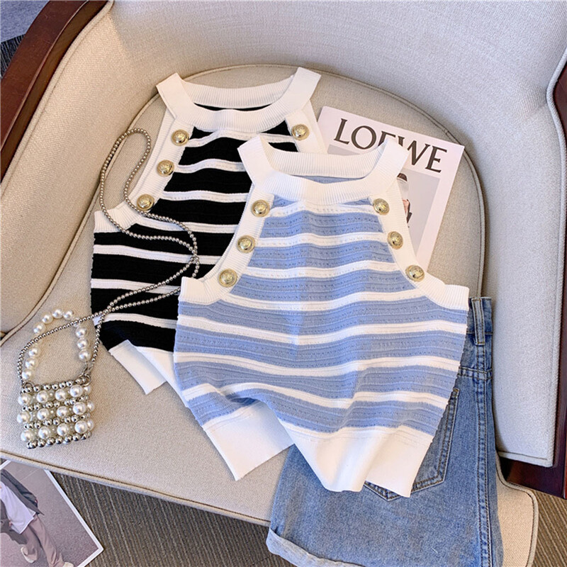 Ljeto 2023. Uski prugasti pleteni prsluci Ženske kratke majice bez rukava Zlatni gumbi Pletena odjeća Seksi elegantni ulični prsluci