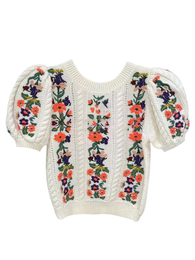 Nyári női francia 90-es évek Vintage Kötött Crop Top hímzéses póló Gyaru Rövid ujjú Esztétikus kötöttáru O-nyakú pólók Rom-com Core