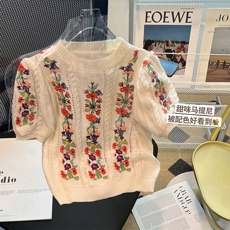 Nyári női francia 90-es évek Vintage Kötött Crop Top hímzéses póló Gyaru Rövid ujjú Esztétikus kötöttáru O-nyakú pólók Rom-com Core