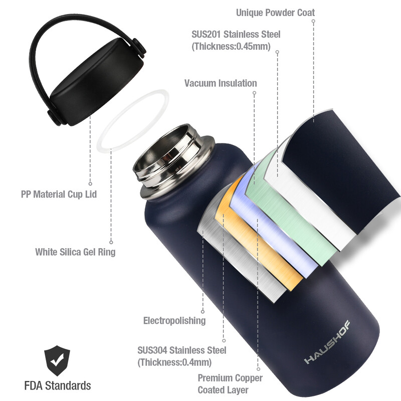 HAUSHOF 950ml/32oz Μπουκάλι Νερού από ανοξείδωτο ατσάλι με διπλό τοίχωμα μονωμένο κενό για υπαίθρια αθλητική κούπα με καπάκι Μπουκάλι νερού αυτοκινήτου