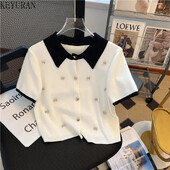 Καλοκαιρινή πλεκτή ζακέτα Γυναικεία 2024 Νέα Κορεάτικη κομψή μόδα κοντό μανίκι πόλο με λαιμόκοψη διαμάντια Πουλόβερ Γυναικεία πλεκτά μπλουζάκια