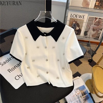 Καλοκαιρινή πλεκτή ζακέτα Γυναικεία 2024 Νέα Κορεάτικη κομψή μόδα κοντό μανίκι πόλο με λαιμόκοψη διαμάντια Πουλόβερ Γυναικεία πλεκτά μπλουζάκια