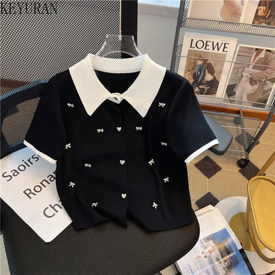 Καλοκαιρινή πλεκτή ζακέτα Γυναικεία 2024 Νέα Κορεάτικη κομψή μόδα κοντό μανίκι πόλο με λαιμόκοψη διαμάντια Πουλόβερ Γυναικεία πλεκτά μπλουζάκια