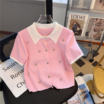 Καλοκαιρινή πλεκτή ζακέτα Γυναικεία 2024 Νέα Κορεάτικη κομψή μόδα κοντό μανίκι πόλο με λαιμόκοψη διαμάντια Πουλόβερ Γυναικεία πλεκτά μπλουζάκια