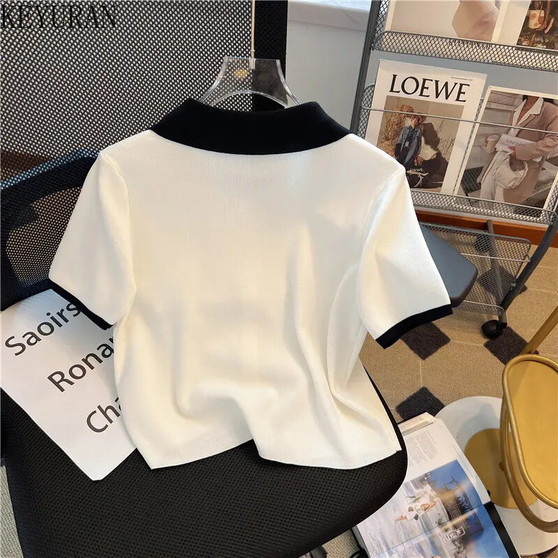 Καλοκαιρινή πλεκτή ζακέτα Γυναικεία 2024 Νέα Κορεάτικη κομψή μόδα κοντό μανίκι πόλο με λαιμόκοψη διαμάντια Πουλόβερ Γυναικεία πλεκτά μπλουζάκια