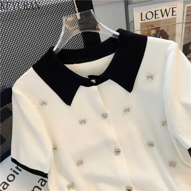 Καλοκαιρινή πλεκτή ζακέτα Γυναικεία 2024 Νέα Κορεάτικη κομψή μόδα κοντό μανίκι πόλο με λαιμόκοψη διαμάντια Πουλόβερ Γυναικεία πλεκτά μπλουζάκια