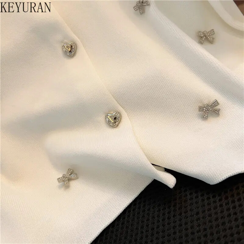 Καλοκαιρινή πλεκτή ζακέτα Γυναικεία 2024 Νέα Κορεάτικη κομψή μόδα κοντό μανίκι πόλο με λαιμόκοψη διαμάντια Πουλόβερ Γυναικεία πλεκτά μπλουζάκια