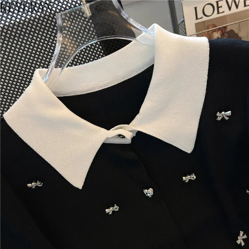 Καλοκαιρινή πλεκτή ζακέτα Γυναικεία 2024 Νέα Κορεάτικη κομψή μόδα κοντό μανίκι πόλο με λαιμόκοψη διαμάντια Πουλόβερ Γυναικεία πλεκτά μπλουζάκια
