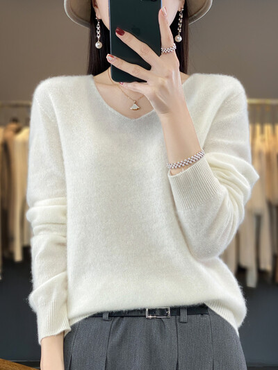 100% merino vuna Ženski pulover s V-izrezom Puloveri s dugim rukavima Jesen Zima Basic Džemper Kašmir Pletenina Topla ženska odjeća