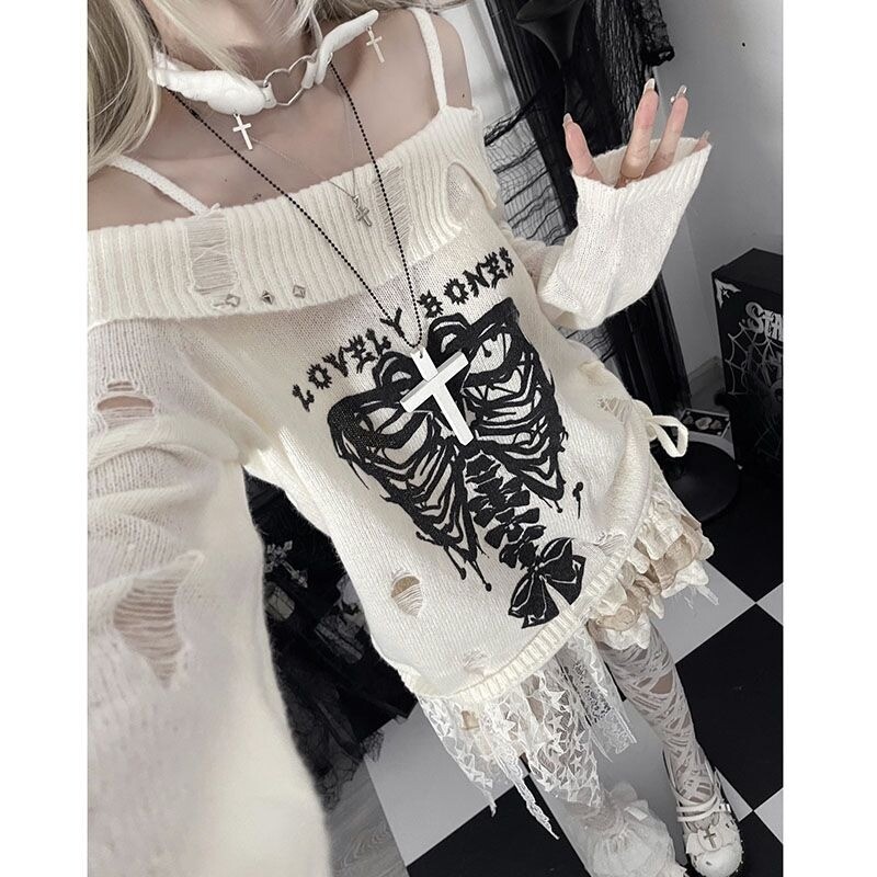 Deeptown Gothic Y2k Pulover pentru femei Pulovere cu umăr dezactivat Pulovere Harajuku Anime Tricoturi grafice Hollow Out Kint Spring Pulover oversize