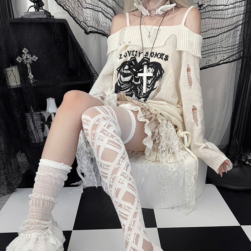 Deeptown Gothic Y2k Pulover pentru femei Pulovere cu umăr dezactivat Pulovere Harajuku Anime Tricoturi grafice Hollow Out Kint Spring Pulover oversize