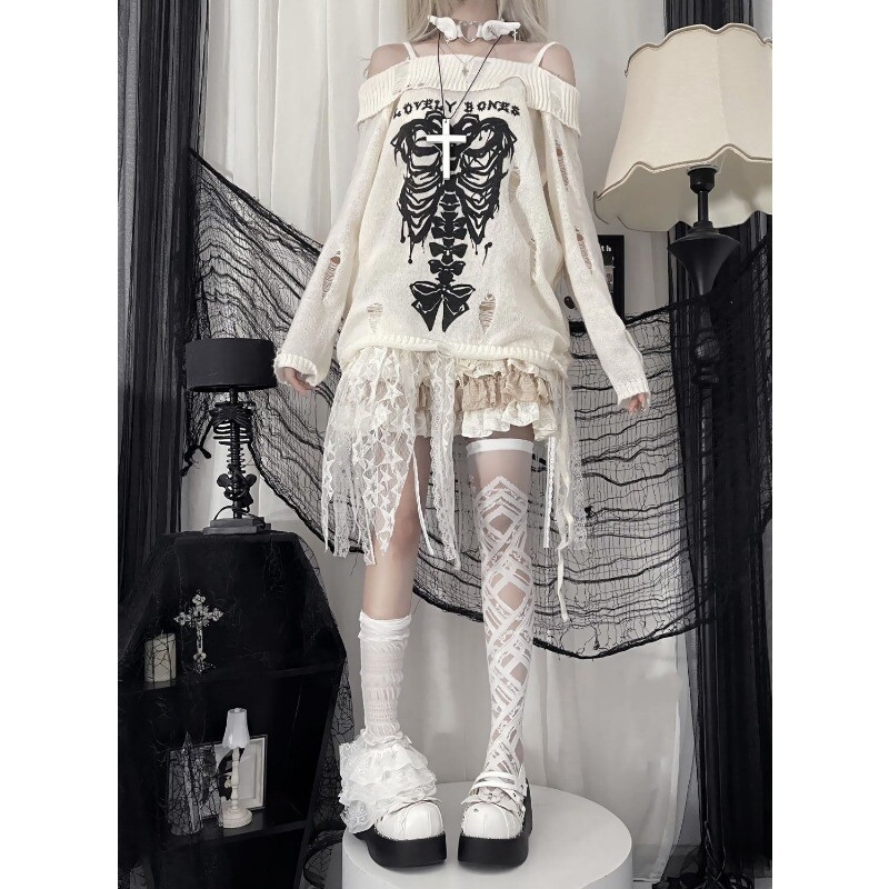 Deeptown Gothic Y2k Pulover pentru femei Pulovere cu umăr dezactivat Pulovere Harajuku Anime Tricoturi grafice Hollow Out Kint Spring Pulover oversize