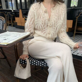Seksi izdubljeni pleteni kardigan za jesen 2022., veste s jednim kopčanjem i V-izrezom, pletene džempere dugih rukava u korejskom stilu