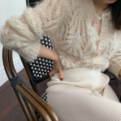 Seksi izdubljeni pleteni kardigan za jesen 2022., veste s jednim kopčanjem i V-izrezom, pletene džempere dugih rukava u korejskom stilu