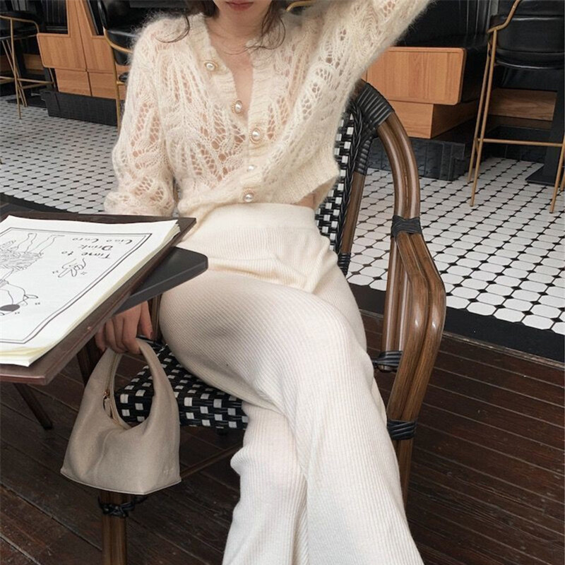 Seksi izdubljeni pleteni kardigan za jesen 2022., veste s jednim kopčanjem i V-izrezom, pletene džempere dugih rukava u korejskom stilu