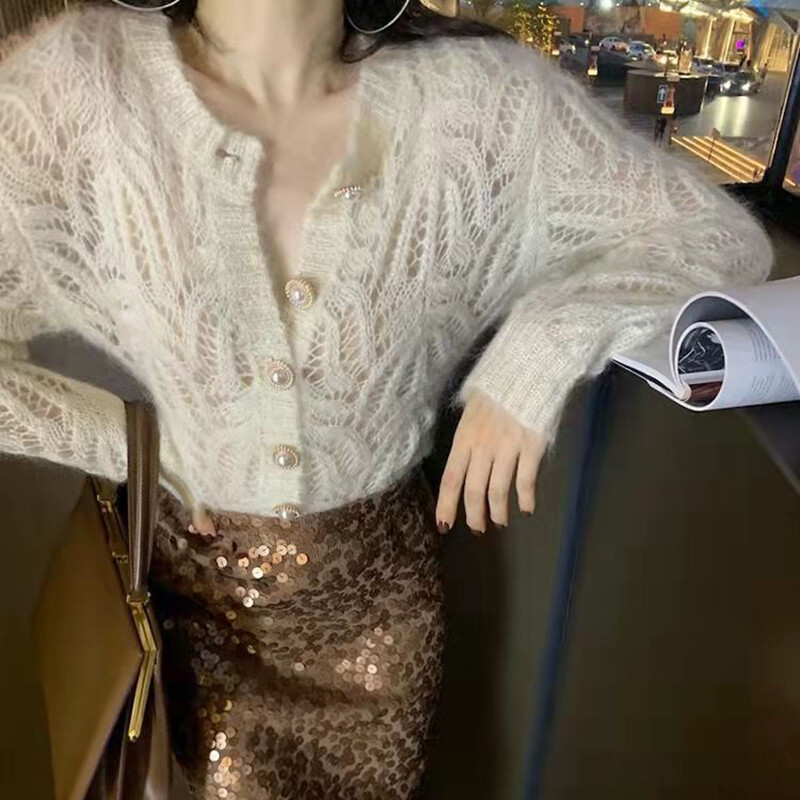 Seksi izdubljeni pleteni kardigan za jesen 2022., veste s jednim kopčanjem i V-izrezom, pletene džempere dugih rukava u korejskom stilu