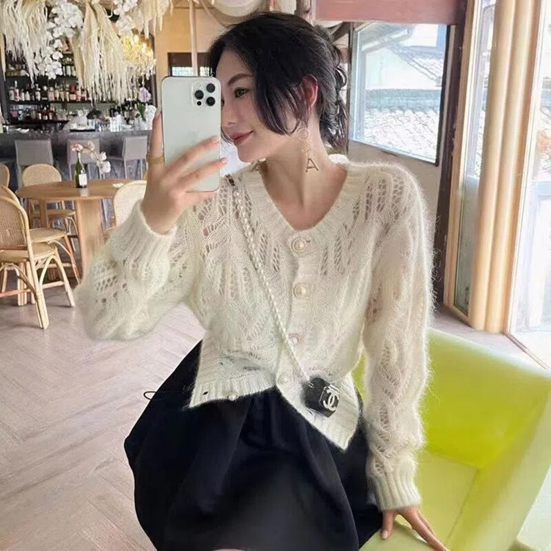 Seksi izdubljeni pleteni kardigan za jesen 2022., veste s jednim kopčanjem i V-izrezom, pletene džempere dugih rukava u korejskom stilu