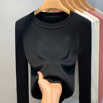 Ružičasti pulover Ženski zimski debeli topli pleteni pulover Tanak pleteni džemper s podstavom od pliša Velevt Majice dugih rukava O-izrez Mujer