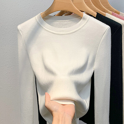 Ružičasti pulover Ženski zimski debeli topli pleteni pulover Tanak pleteni džemper s podstavom od pliša Velevt Majice dugih rukava O-izrez Mujer