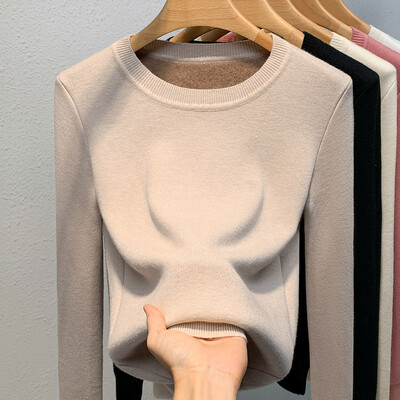 Ružičasti pulover Ženski zimski debeli topli pleteni pulover Tanak pleteni džemper s podstavom od pliša Velevt Majice dugih rukava O-izrez Mujer