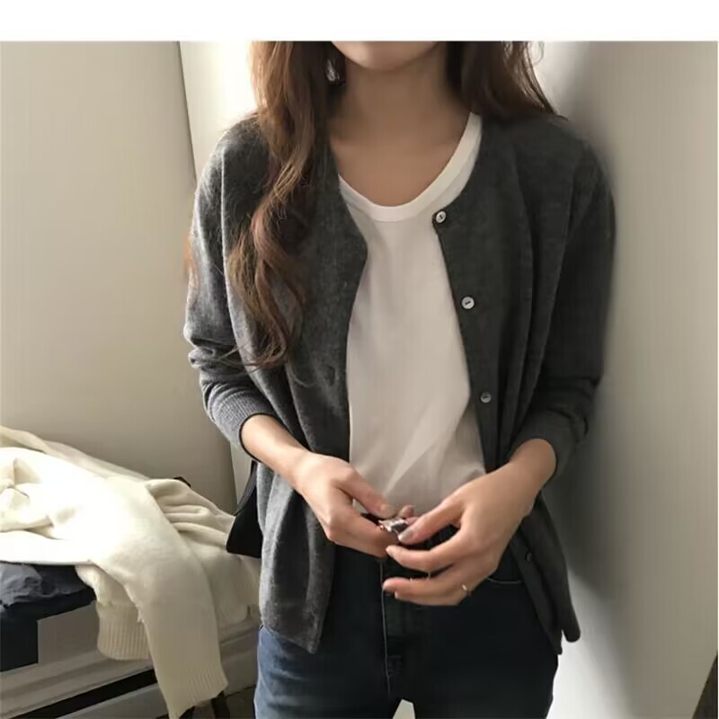 Proljeće jesen Tanki pleteni kardigani Jakna Ženski ležerni korejski pulover Kaputi Pletena odjeća s O izrezom Gilet Basic jednokopčane majice