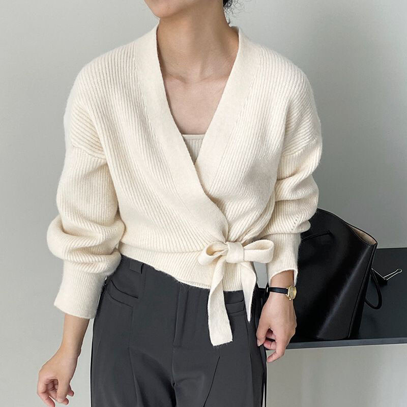 Francuski retro kardigan kaputi s V-izrezom za žene Jesen 2023. Široko pletivo na vezanje Ženski jednobojni pulover dugih rukava do struka