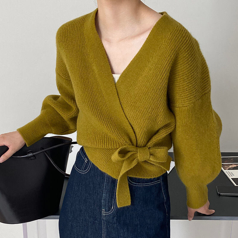 Francuski retro kardigan kaputi s V-izrezom za žene Jesen 2023. Široko pletivo na vezanje Ženski jednobojni pulover dugih rukava do struka