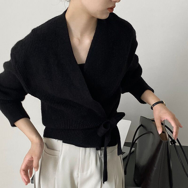 Francuski retro kardigan kaputi s V-izrezom za žene Jesen 2023. Široko pletivo na vezanje Ženski jednobojni pulover dugih rukava do struka