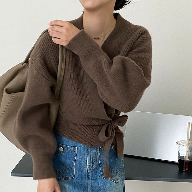 Francuski retro kardigan kaputi s V-izrezom za žene Jesen 2023. Široko pletivo na vezanje Ženski jednobojni pulover dugih rukava do struka