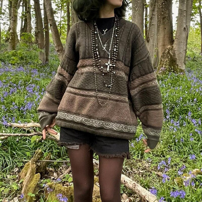 Pulovere tricotate grunge Y2K Fairycore, imprimeu cu dungi grafice, vintage, pulovere largi, mâneci lungi, tricotaje retro estetice