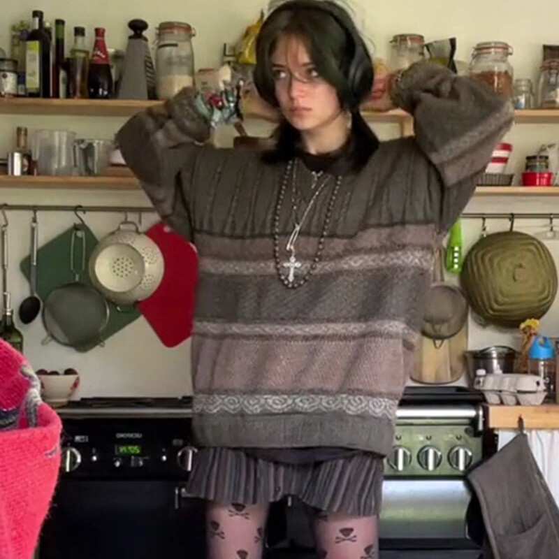 Pulovere tricotate grunge Y2K Fairycore, imprimeu cu dungi grafice, vintage, pulovere largi, mâneci lungi, tricotaje retro estetice